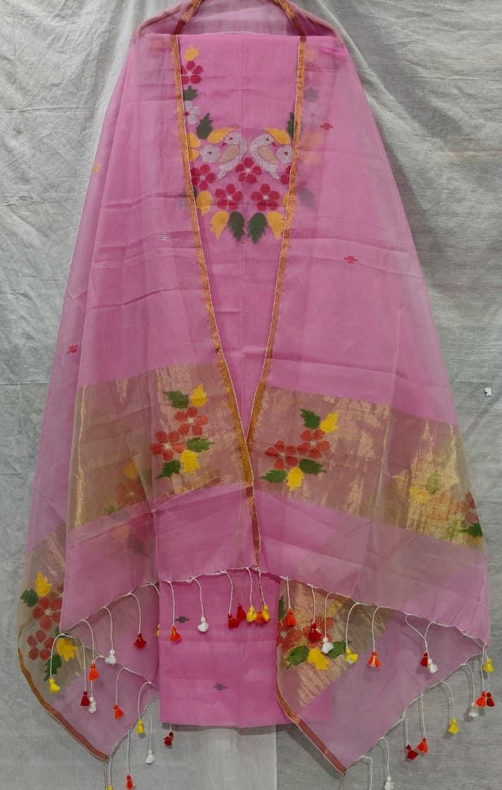Rihyaaz Muslin Jamdani suit with matching tassel dupatta and delicate needle-weaved floral motifs.