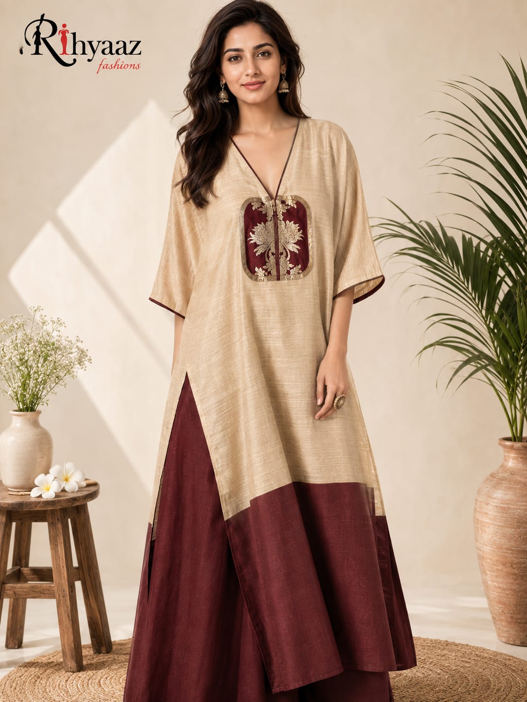 Rebeca Mul by Raw Silk Khaduwa weaving unstitched kaftan, elegant handcrafted Indian ethnic wear by Rihyaaz, suitable up to 56 inch chest.
