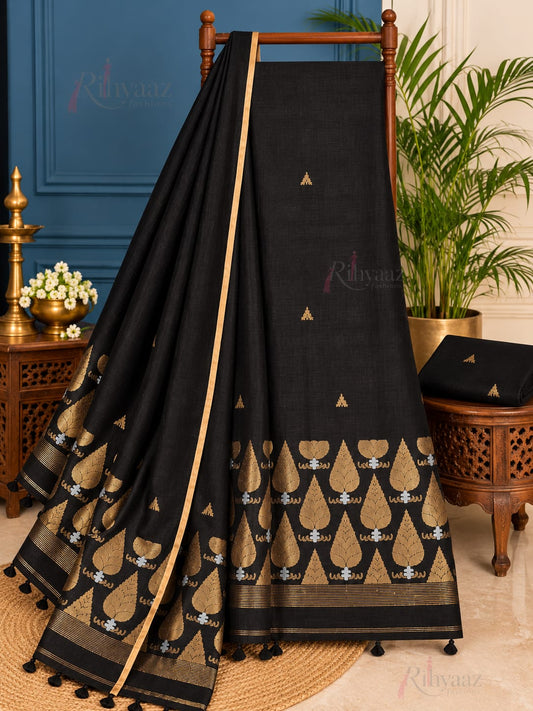 Sikha black premium Jayshree linen suit with heavy-woven Sona Rupa dual zari weaved Jamdani work by Rihyaaz Fashions.