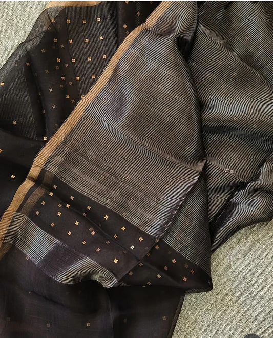 Rupal silk linen sequin woven kurta with micro striped weave and resham palla Jamdani dupatta by Rihyaaz premium handwoven ethnic suit set.