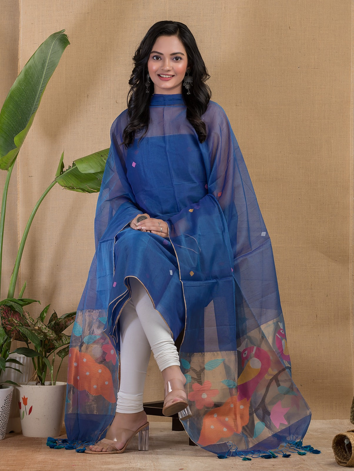 Rihyaaz Muslin Peacock Motif Paithani Jamdani handwoven suit with 2.5 meter top and tassel detailed dupatta