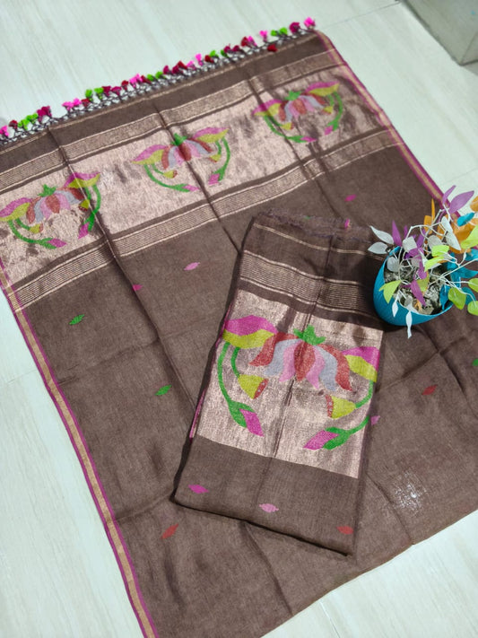 Cocoon Brown Jayshree linen by linen suit with intricate needle tissue patta Jamdani weaving, premium traditional ethnic wear by Rihyaaz.