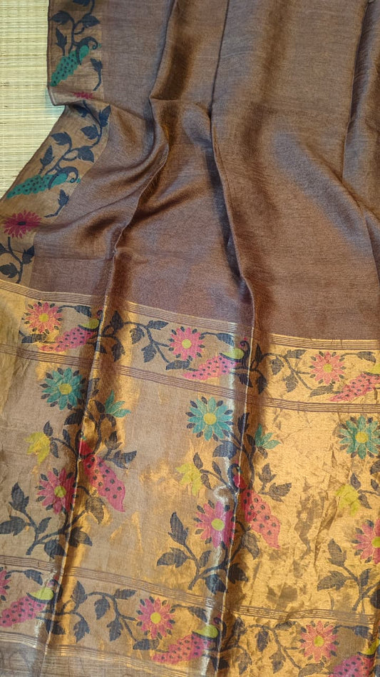 Tarang Brown pure linen tissue Jamdani saree featuring a beautifully detailed needlework Jamdani border with floral and bird motifs, by Rihyaaz.