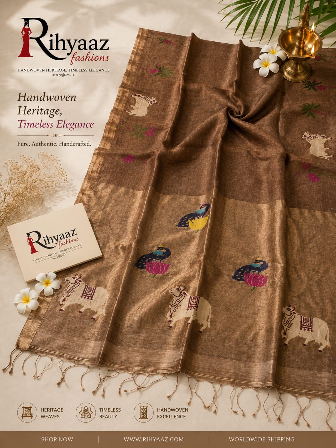 Subh Silk Linen Zari Palla Pichwai Motif Saree by Rihyaaz featuring intricate Pichwai-inspired motifs, luxurious zari palla, elegant handwoven craftsmanship, and a graceful drape for festive, wedding, and traditional wear.