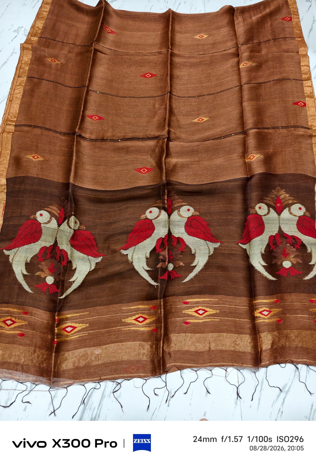 Moyna brownn silk linen saree with Resham palla and intricate Meenakari Jamdani handwoven detailing with bird motiffs by Rihyaaz