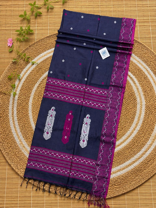 Authentic Navy premium quality handloom Cotton Khadi Jamdani saree by Rihyaaz with unique traditional woven detailing and running blouse piece.