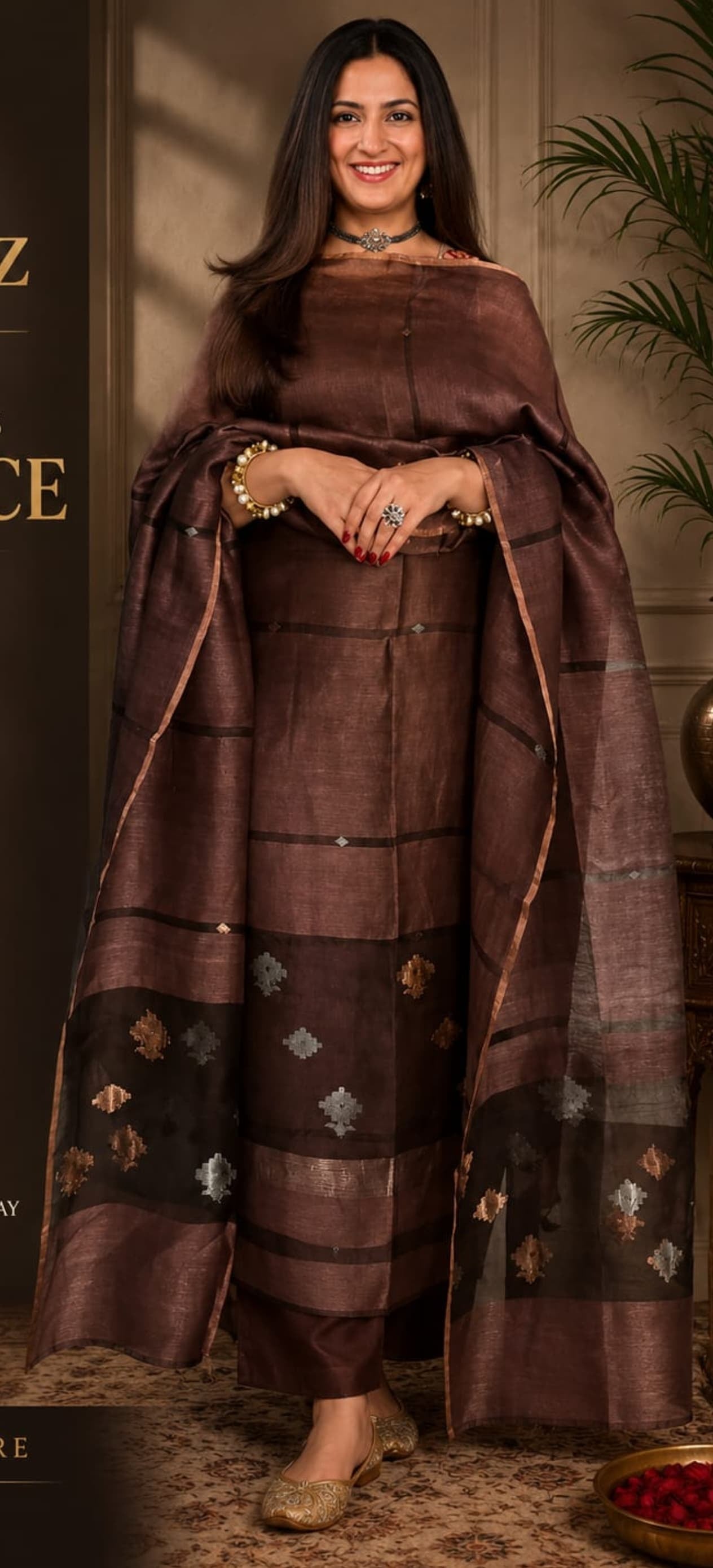 Laaj fine silk and silk-linen weaved suit with intricate gold and silver Jamdani weaving, featuring a matching top and dupatta by Rihyaaz; bottom available separately.