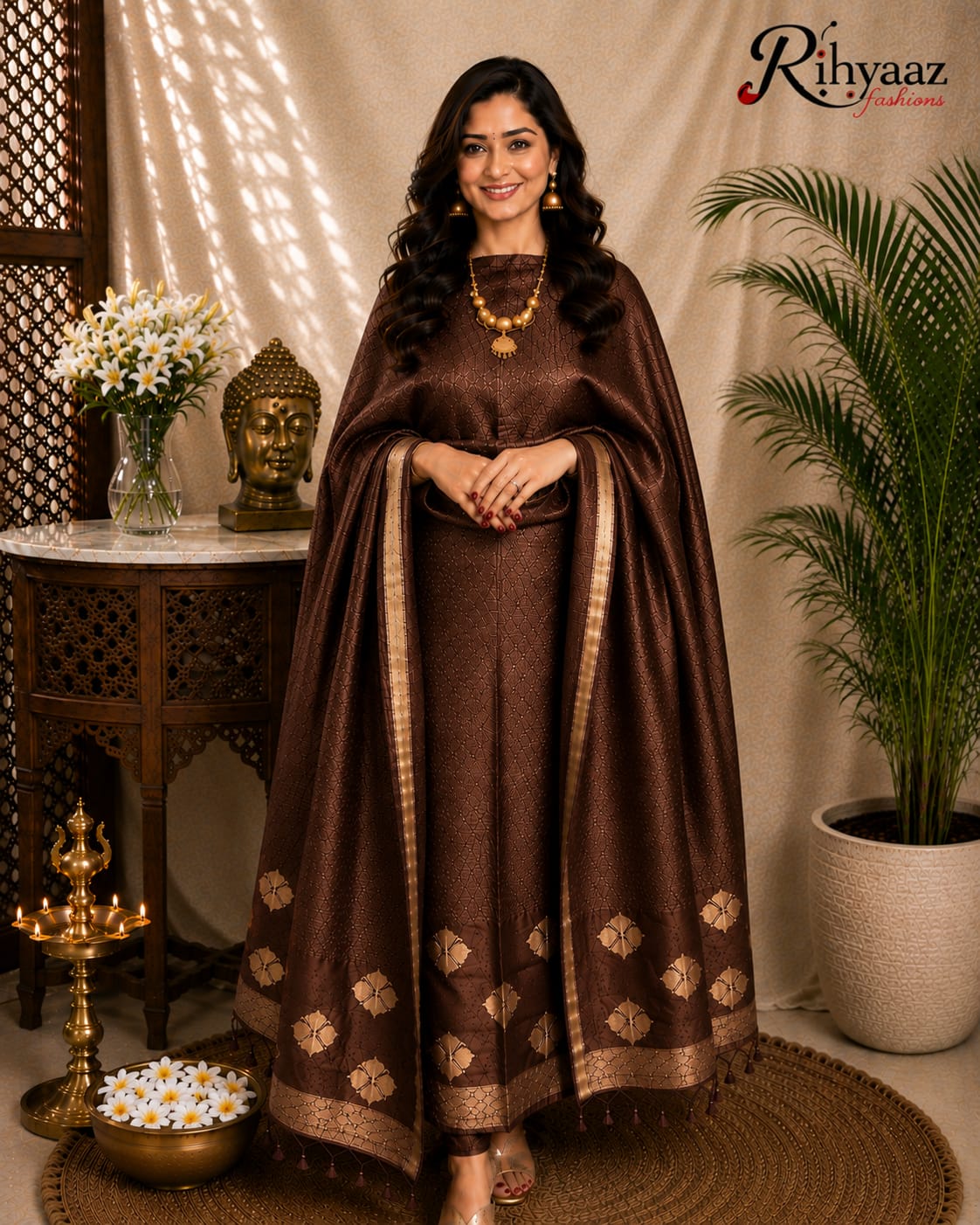 Noorie Silk Mark Certified Kora Palla Linen Silk Khaduwa Weaving Suit with intricate handwoven detailing, 2.5 mtr top and dupatta by Rihyaaz Fashions.