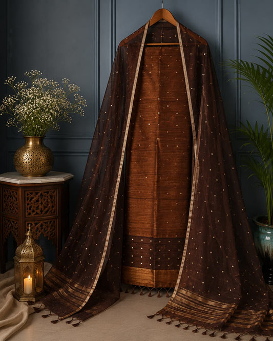 Ratri Matka suit set styled with an elegant Resham sequin embellished dupatta, showcasing traditional Indian ethnic fashion and festive craftsmanship.