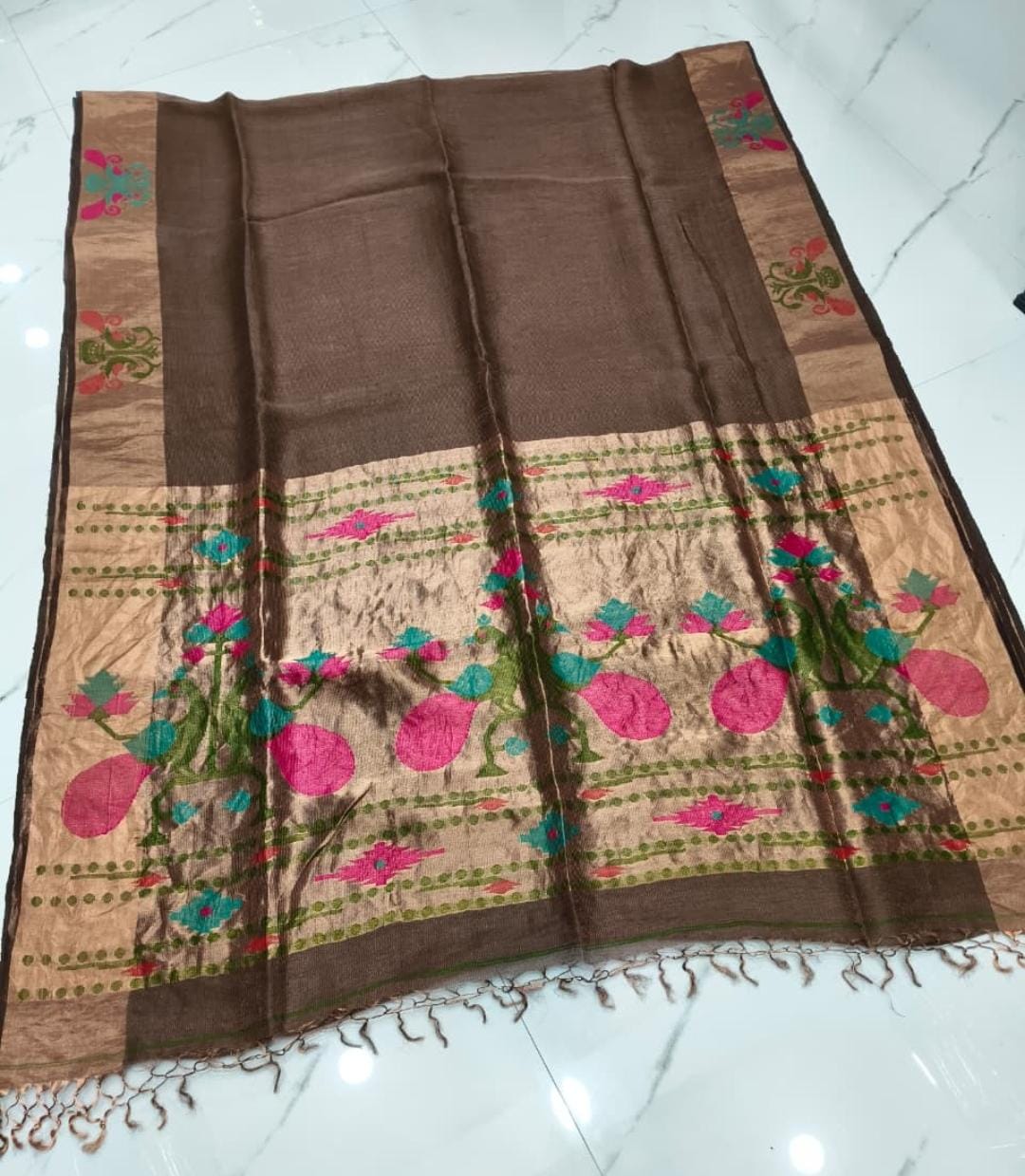 Mayeri Pure Linen Tissue Silk Jamdani Saree with beautiful double-side borders and blouse piece, colour customisation available | Rihyaaz
