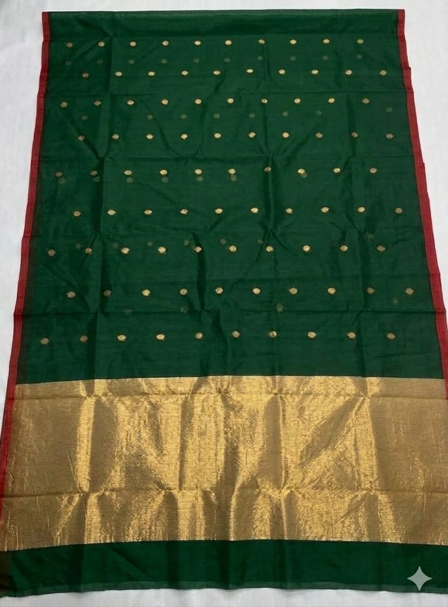 Pure muslin allover zari weaved butti works handwoven saree with zari pallu and a running blouse piece by Rihyaaz.