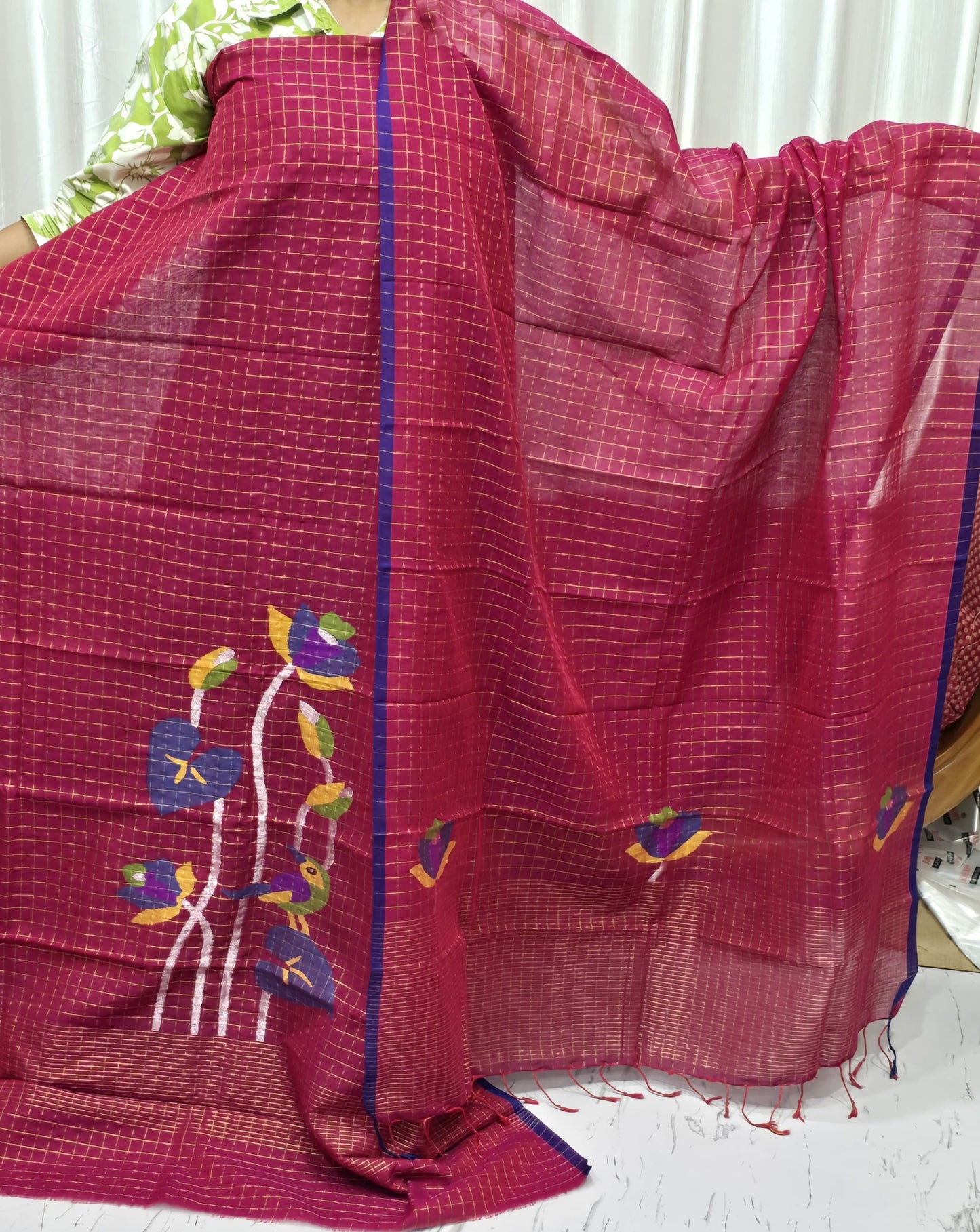 Arvi Mul Cotton checkered Needle Weaved Lotus Motif Jamdani suit with daman work and detailed dupatta by Rihyaaz