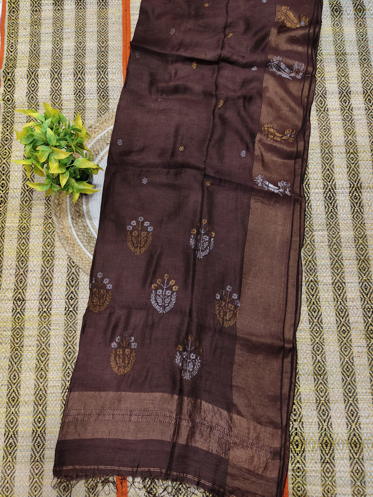 Sharanya dark brown premium handwoven tissue silk by modal saree with blouse piece by Rihyaaz Fashions, soft and lightweight designer ethnic wear.