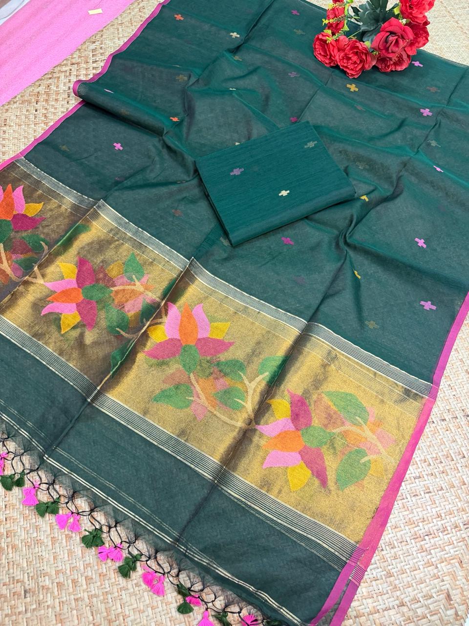 ✨ Muslin Paithani Jamdani Handwoven Suit Set with Tassels Dupatta | Rihyaaz