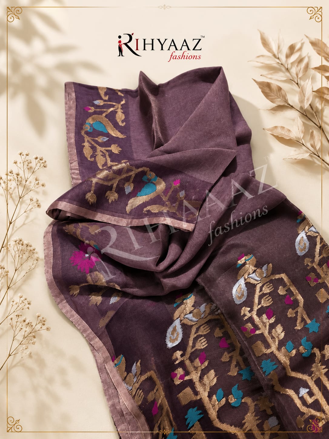 Khori - Silk Tissue Linen Needle Karat Jamdani Saree with handcrafted Resham Jamdani palla, premium handwoven festive saree by Rihyaaz featuring elegant traditional weaving and luxurious silk tissue linen fabric.