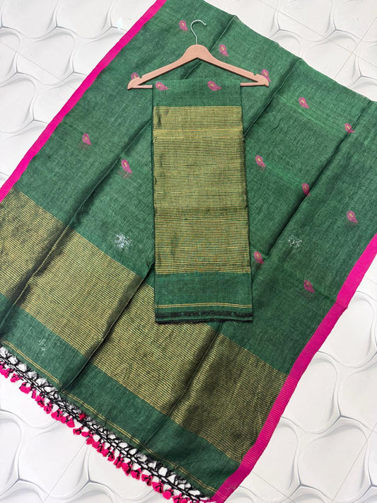 Nethra linen zari patta Jamdani suit by Rihyaaz, featuring a refined linen texture, delicate zari patta detailing and elegant traditional Jamdani craftsmanship.