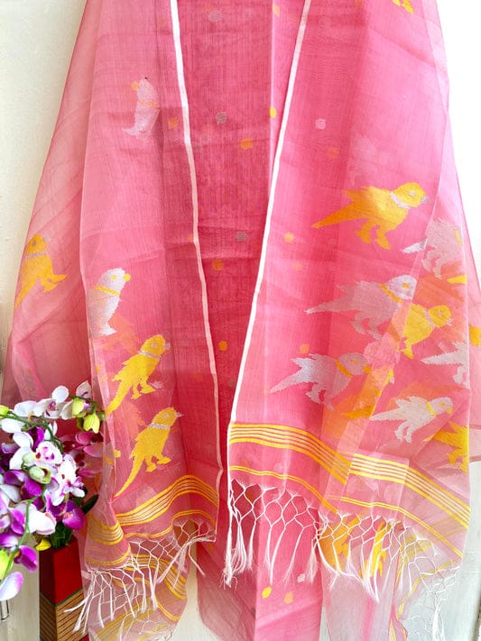 Chidiya muslin woven suit with zari and silk weaving, featuring polka dot motifs on the top by Rihyaaz Fashions.
