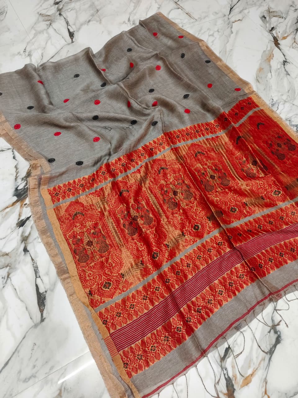 Udita Silk Linen Meenakari Baluchari saree by Rihyaaz with intricate traditional motifs and elegant handwoven detailing, available in all colours.