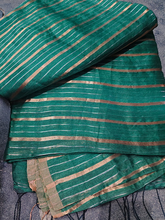 Shaam Resham Dual Zari Stripe Silk Linen Saree by Rihyaaz Fashions, premium handwoven silk linen saree with elegant resham and dual zari stripe detailing.