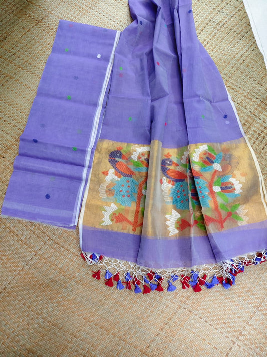 Morni Lavender Purple premium muslin tissue suit with intricate needle work Jamdani palla Peacock Motif dupatta by Rihyaaz.