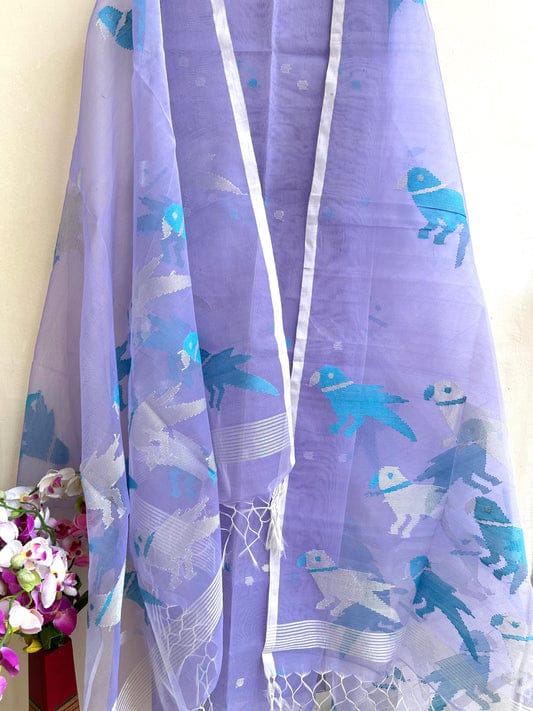 Chidiya muslin woven suit with zari and silk weaving, featuring polka dot motifs on the top by Rihyaaz Fashions.