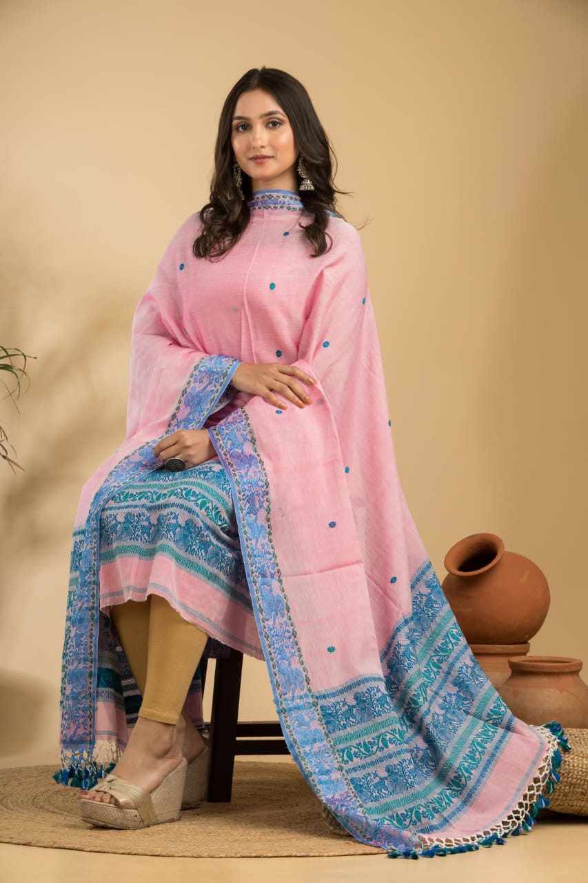 Rihyaaz Light Pink cotton Baluchari suit set with 2.5 meter top and 2.5 meter tassel dupatta, elegant traditional ethnic wear for women.