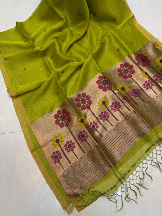 Authentic Lime Green premium tissue silk linen flower Motif Paithani saree by RIHYAAZ with running blouse piece, soft elegant traditional handloom design.