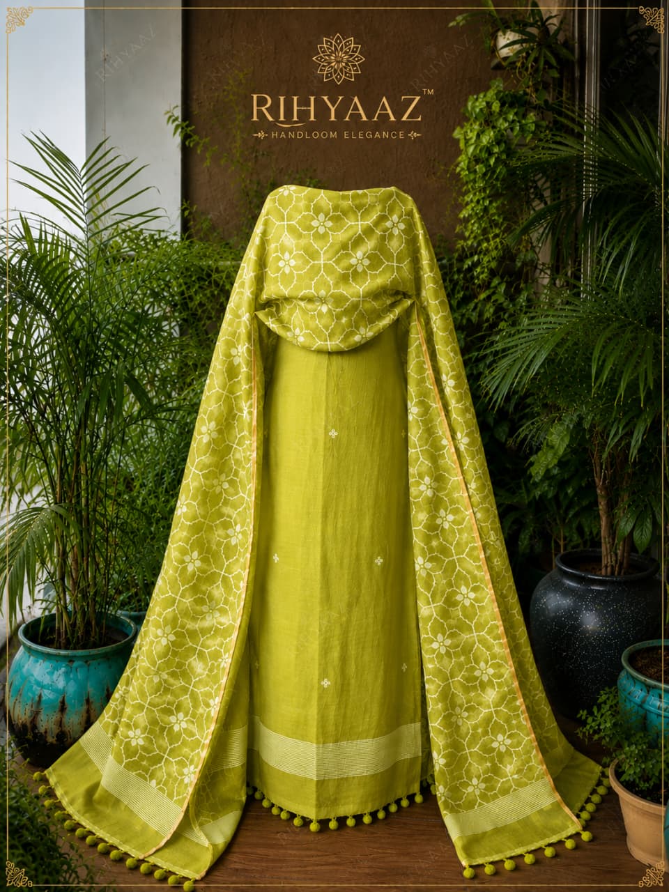 Zohra pure linen polka weaved suit with an all-over woven floral dupatta by Rihyaaz for a graceful elegant look.
