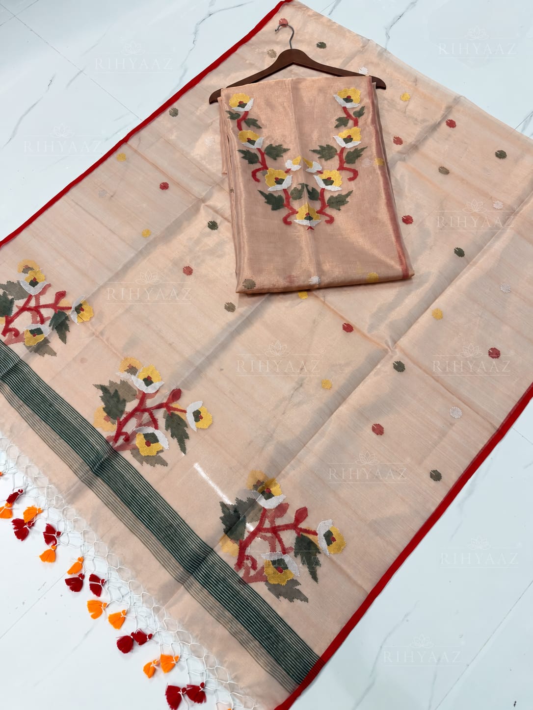 Palak Offwhite Tissue Needle Jamdani suit with intricate Jamdani weaving dupatta, 2.5m top and 2.5m dupatta by Rihyaaz.