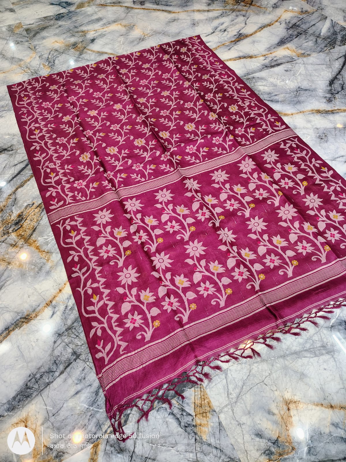 Silkmark certified Onion Pink Bengal handloom Tussar tie and dye Allover Floral motif saree with an all-over tie-dye pattern, elegant contrast border, and blouse piece Exclusively by Rihyaaz.