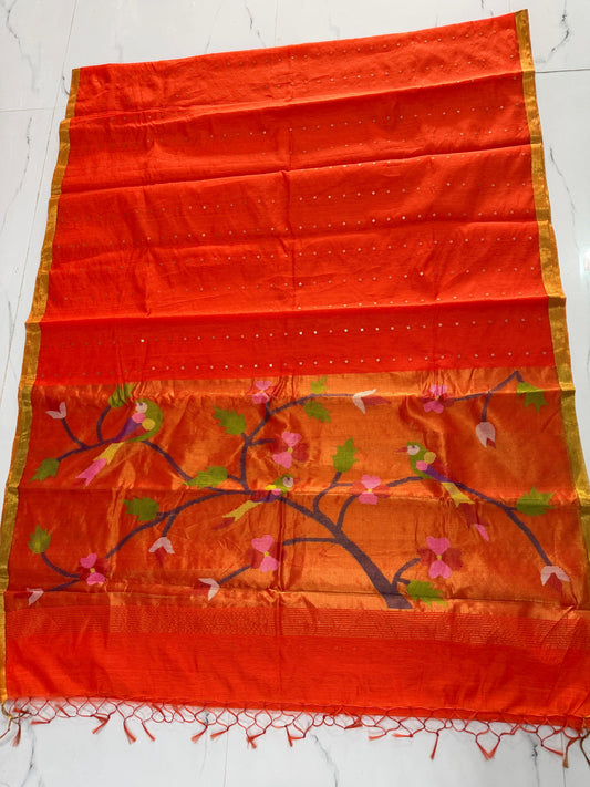 Tehni Orange sequin weaved Muslin Paithani saree by Rihyaaz, elegant traditional festive saree with intricate Paithani weaving and allover weaved sequin detailing.