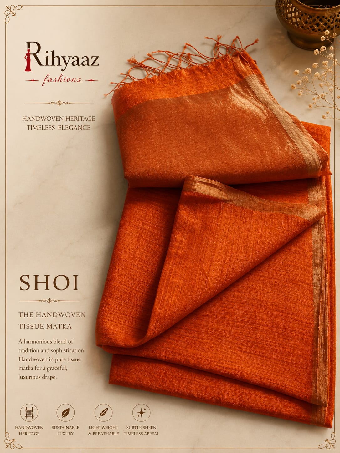 Shoi Inchi Par Tissue Resham Matka saree with elegant traditional border and running blouse piece by Rihyaaz.
