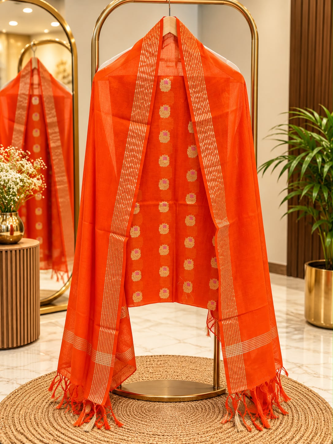 Exclusive Orange Mal Chanderi suit set featuring a floral Meena booti top paired with a zari Chudi border dupatta. Comes with a plain cotton silk bottom, 2.50 metres each for an elegant festive ensemble by Rihyaaz Fashions.