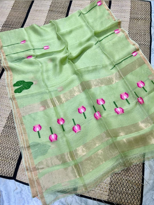 Bibha - Pichwai Concept Linen Tussar Saree by Rihyaaz featuring artistic Pichwai-inspired motifs on premium handwoven linen tussar fabric, ideal for festive wear, cultural celebrations, and elegant ethnic styling.