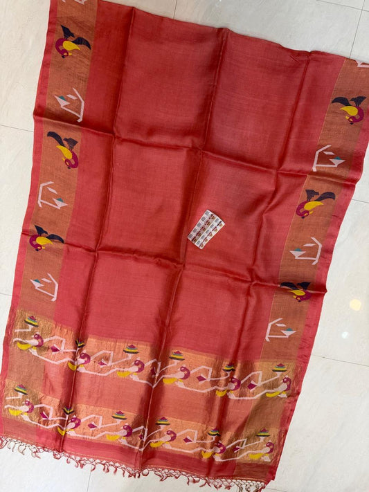 Sagari Peach pure Bengal Tussar silk saree with authentic Gachhi weaving, 4-ply handloom tissue Jamdani work and unique dyed-silk detailing, Silk Mark certified by Rihyaaz Fashions.
