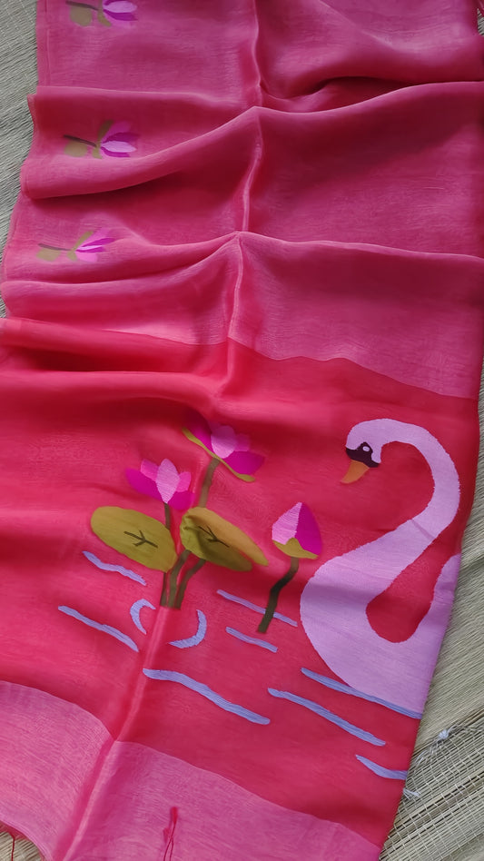 Pure Jayashree linen silk saree with handwoven needlework resham palla with delicate lotus and swan motifs and running blouse piece by Rihyaaz.