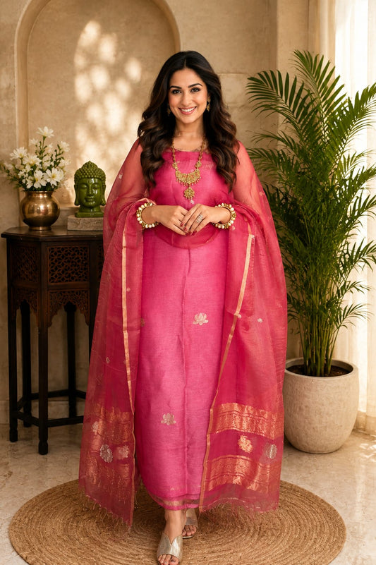 ๐๐ฎ๐ฎ๐ฟ๐ช Pure Resham by Linen lotus weaved suit paired with a resham dual zari handwoven dupatta by Rihyaaz, showcasing intricate Indian handloom craftsmanship and elegant festive ethnic design.
