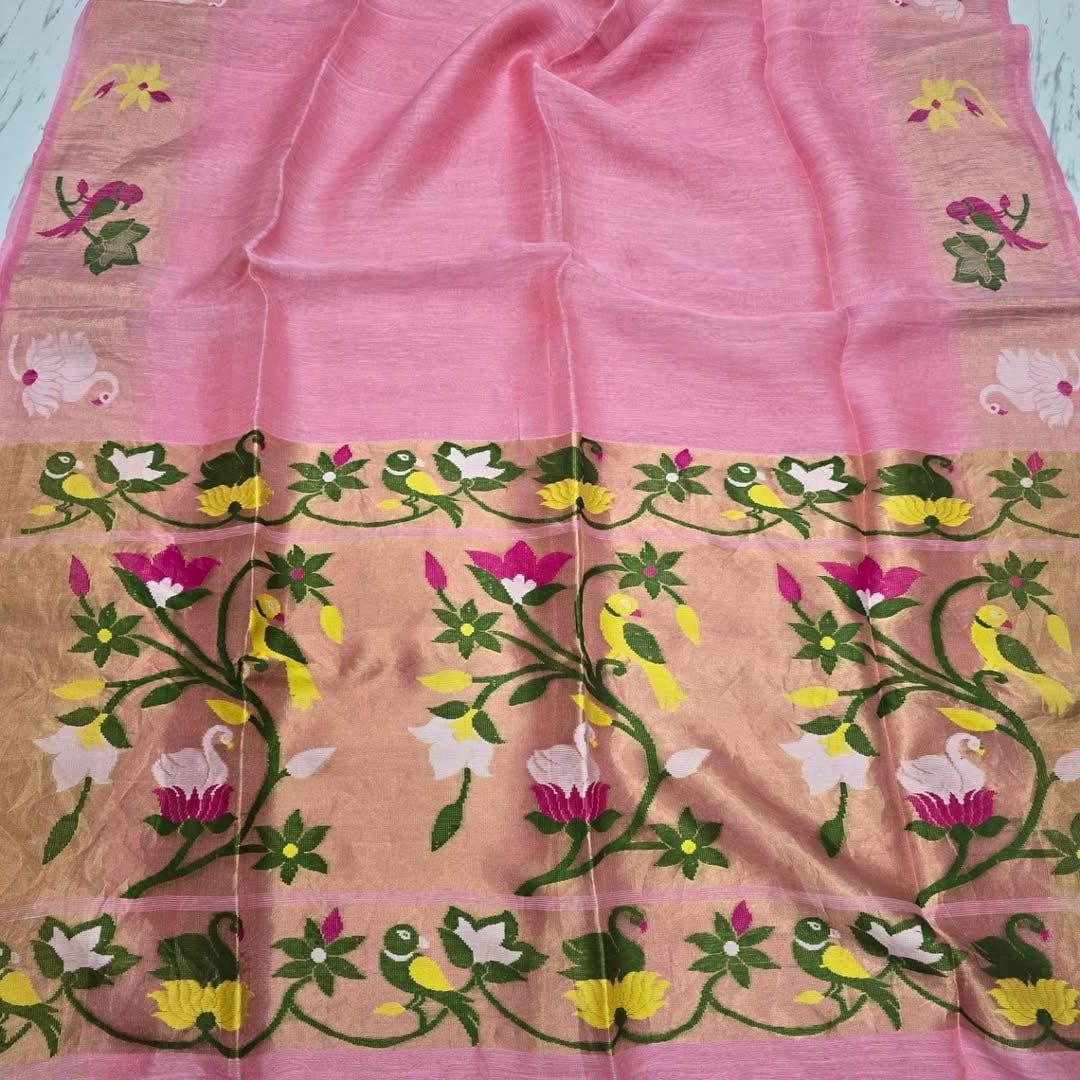 Canopy Silk Linen Paithani Border and Palla Handwoven Saree by Rihyaaz in premium silk linen fabric with elegant traditional Paithani weaving, ideal for weddings, festive occasions, and ethnic celebrations.