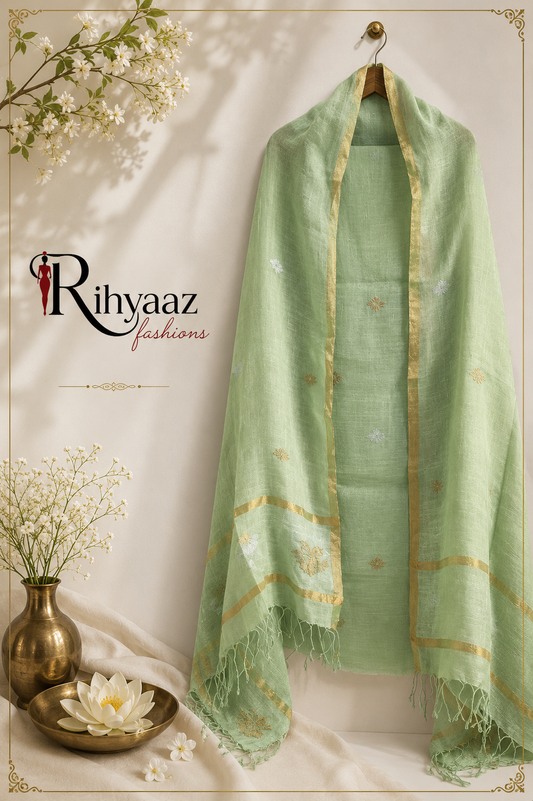 Dual Zari Woven Linen Needle Jamdani Suit Set by Rihyaaz featuring premium handwoven linen fabric with intricate Needle Jamdani weaving and elegant dual zari detailing for festive and ethnic wear.