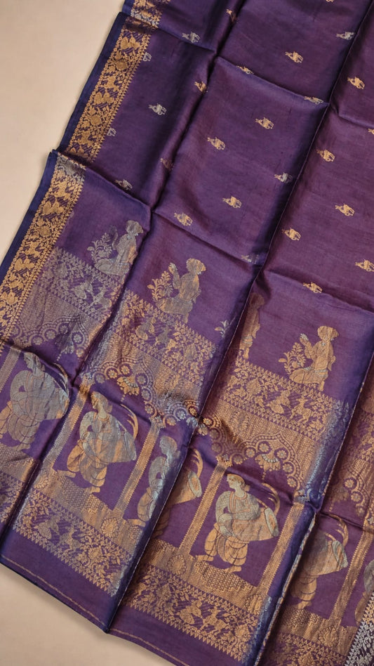 Dhakai exclusive pure Bengal tussar silk saree featuring elegant Tussar Swarnachuri weave, paired with a running blouse piece, from Rihyaaz’s premium handloom collection.