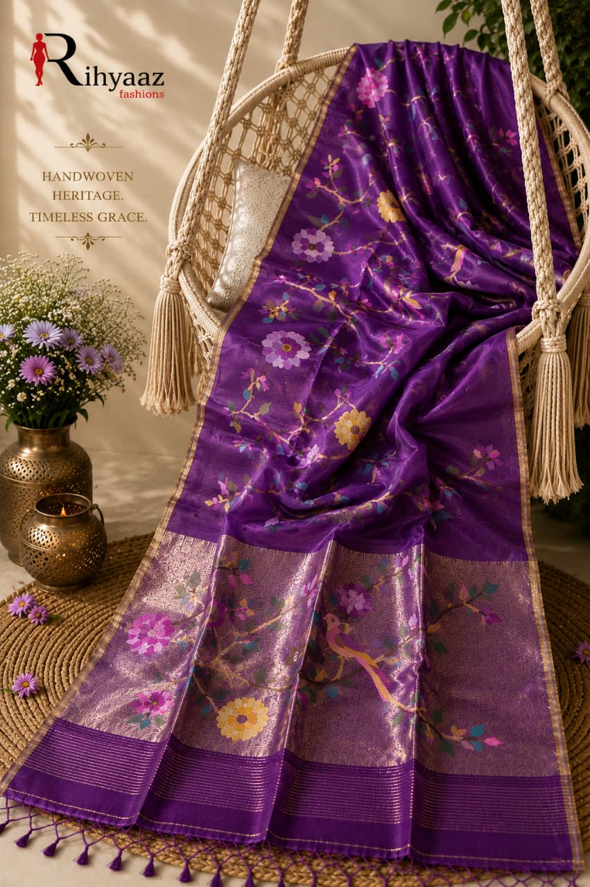Anushua purple Muslin Silk Paithani Palla Jamdani saree with intricate floral and bird weave by Rihyaaz.