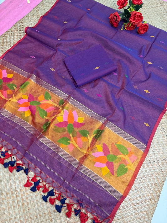 Rihyaaz Muslin Paithani Jamdani suit set with 2.5-meter top and 2.5-meter tassel dupatta, featuring traditional handwoven Indian motifs.