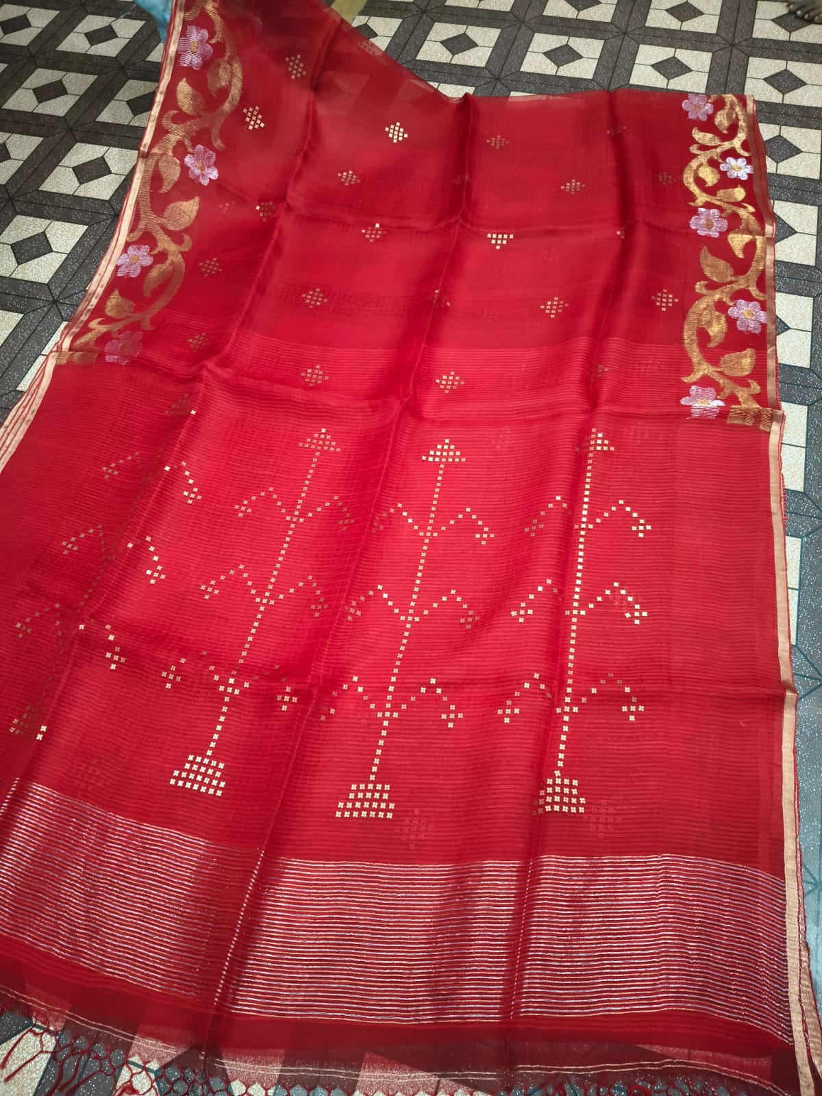 Maan pure premium Resham saree with needle tissue Jamdani work, brass sequin pallu and running blouse piece by Rihyaaz