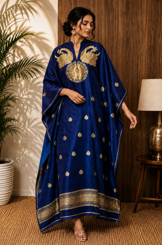 Nayra Banarasi weaved unstitched kaftan by Rihyaaz, showcasing elegant traditional Indian weaving and luxurious ethnic styling.