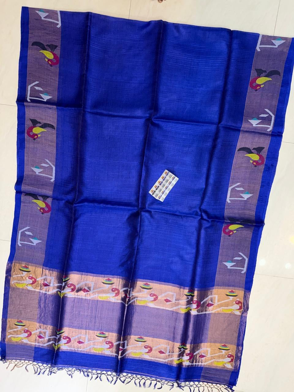 Sagari Royal blue pure Bengal Tussar silk saree with authentic Gachhi weaving, 4-ply handloom tissue Jamdani work and unique dyed-silk detailing, Silk Mark certified by Rihyaaz Fashions.