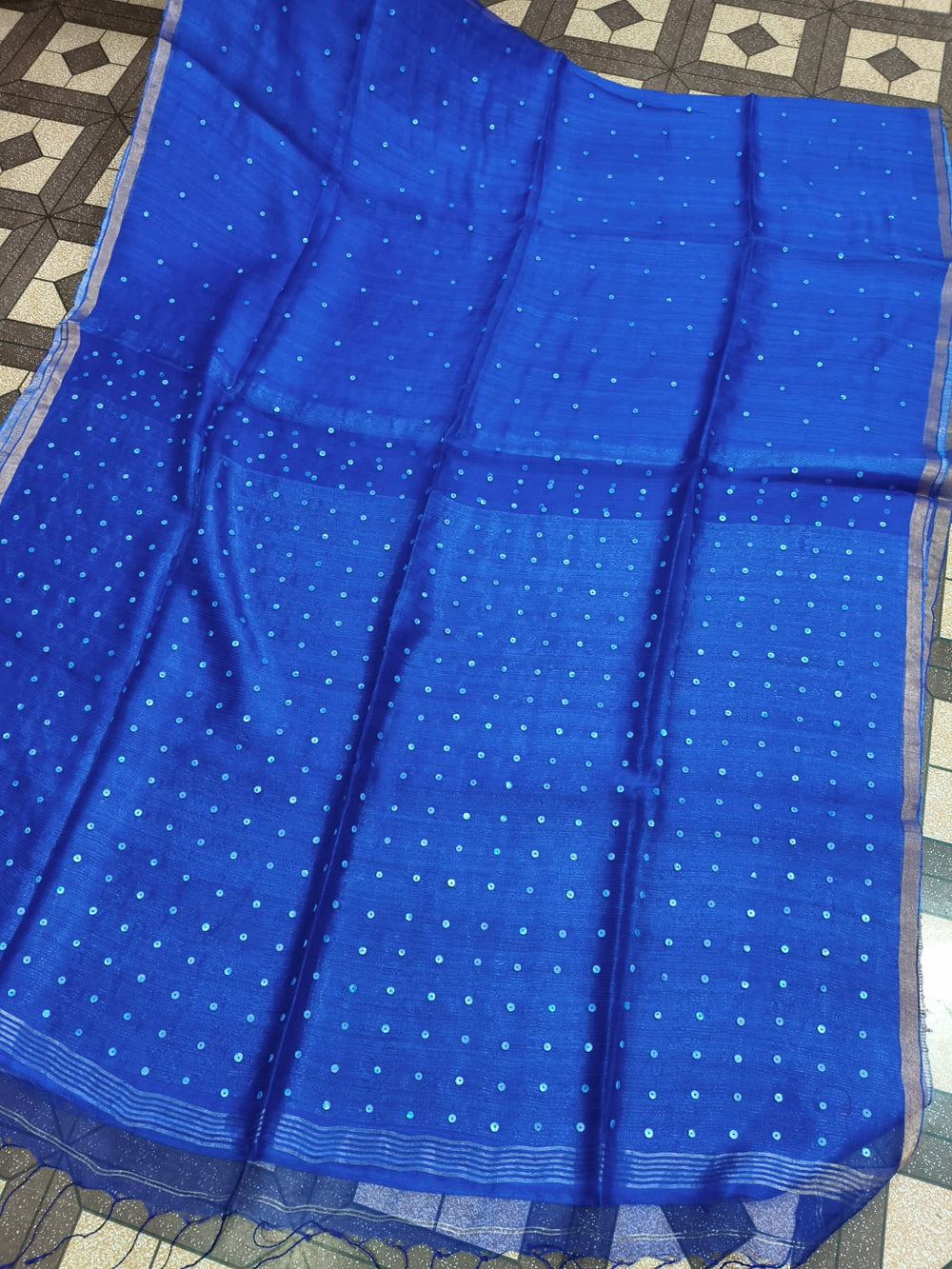 SHATRANJ - Authentic Pure Matka Muslin Silk Saree with Zari Border & All over White Sequin/Sea Shell Woven Palla | Silk Mark Certified | Rihyaaz