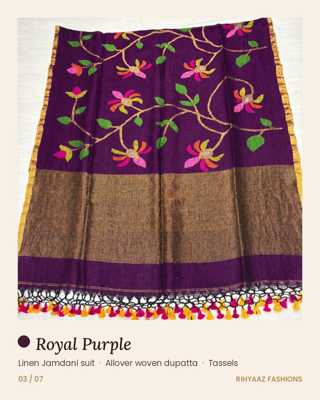 Gulmohar Royal purple linen needle-weaved Jamdani suits by Rihyaaz Fashions, showcasing elegant traditional weaving and sophisticated Indian ethnic wear for women.