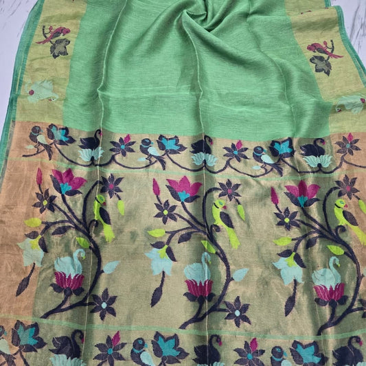 Canopy Silk Linen Paithani Border and Palla Handwoven Saree by Rihyaaz in premium silk linen fabric with elegant traditional Paithani weaving, ideal for weddings, festive occasions, and ethnic celebrations.