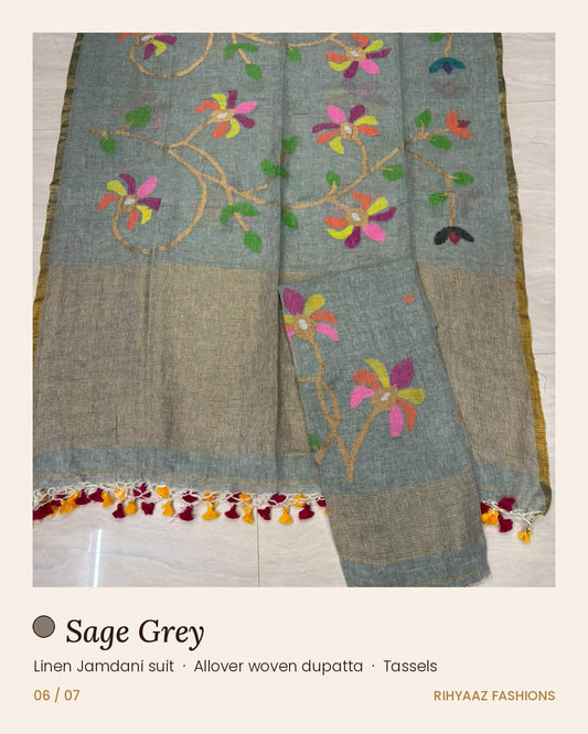 Gulmohar sage grey linen needle-weaved Jamdani suits by Rihyaaz Fashions, showcasing elegant traditional weaving and sophisticated Indian ethnic wear for women.