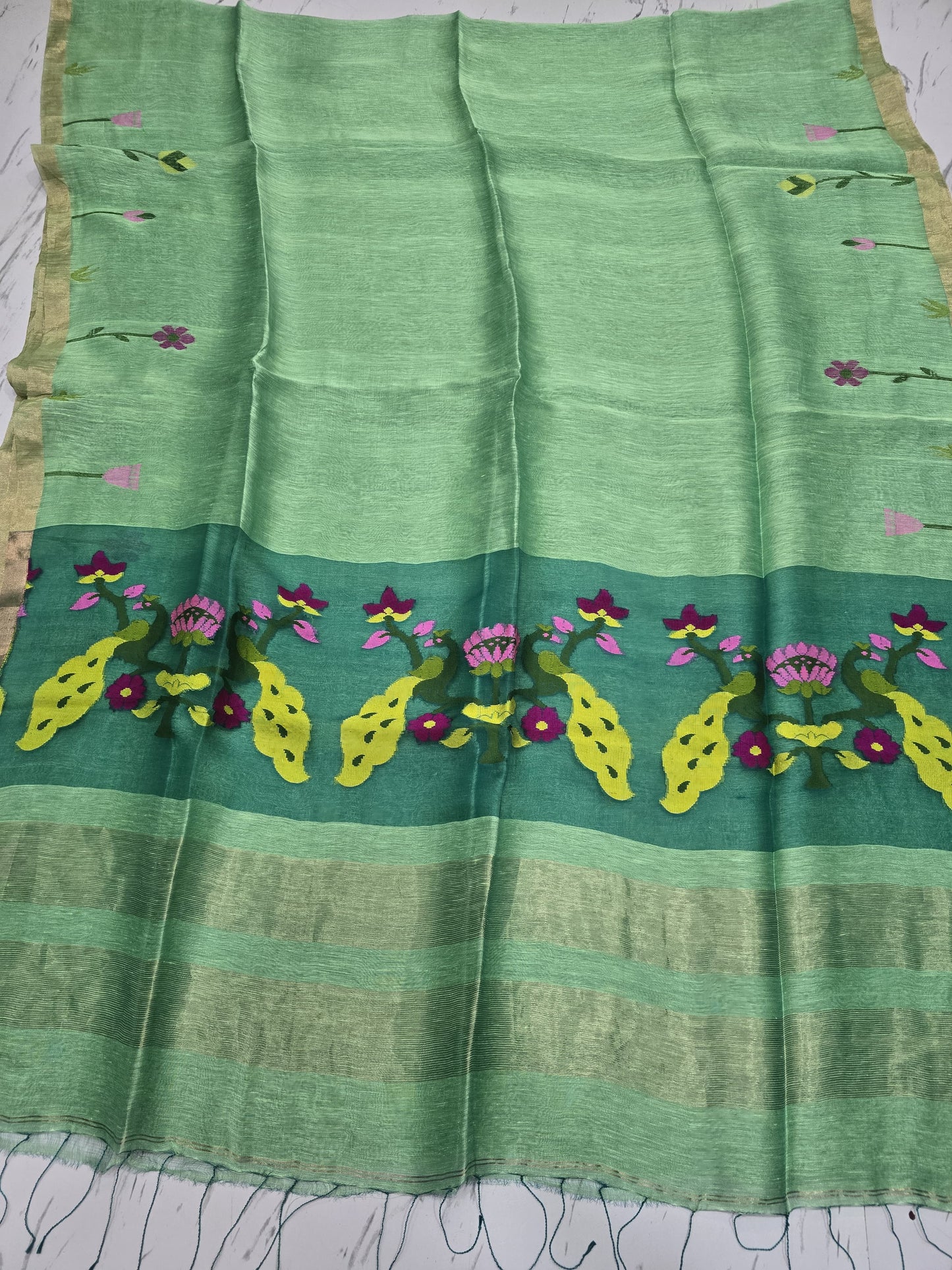 Keka pure silk linen saree with elegant muslin pallu, running blouse piece and Handloom Mark by Rihyaaz